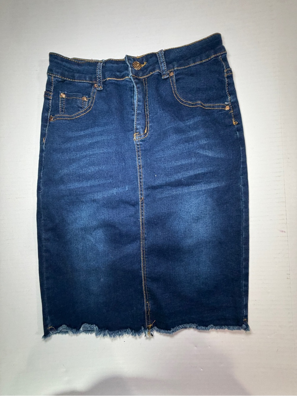 Buzz Jeans Dark Blue Denim Pencil Skirt with Frayed Hem